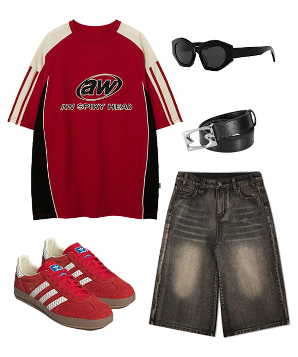 BAKYARDER Color-Block Motorcycle-Inspired Vintage Short Sleeve T-Shirt