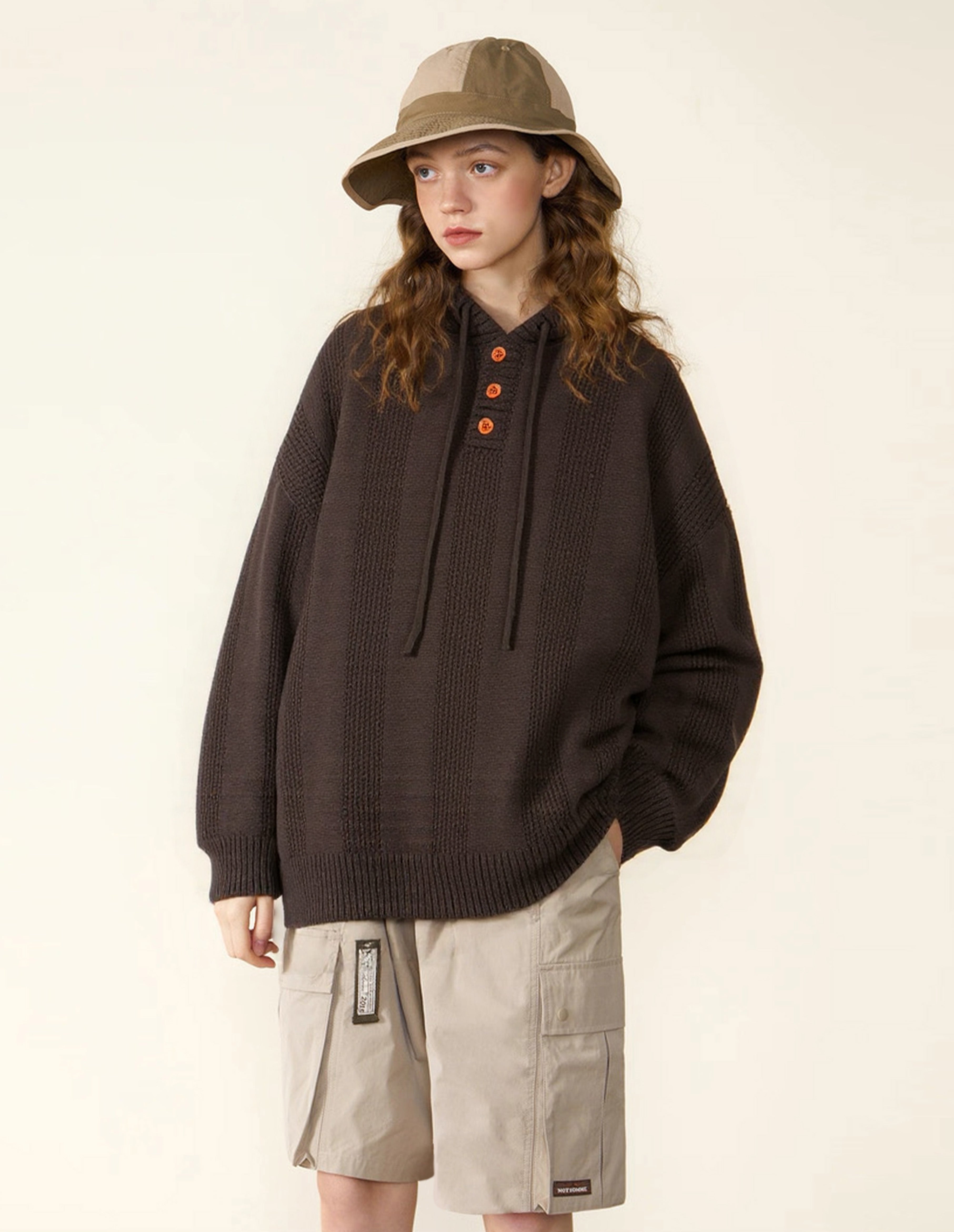 BAKYARDER Waffle Knit Hoodies Heavy Pullover Hooded Unisex Button Oversized Sweaters