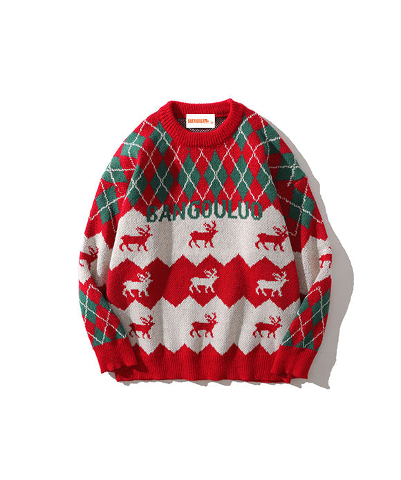 BAKYARDER Christmas Elk Jacquard Crew Neck Pullover Sweater