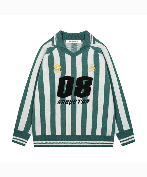 BAKYARDER  Vintage Collegiate Style Collared Numeric Jacquard Sweater