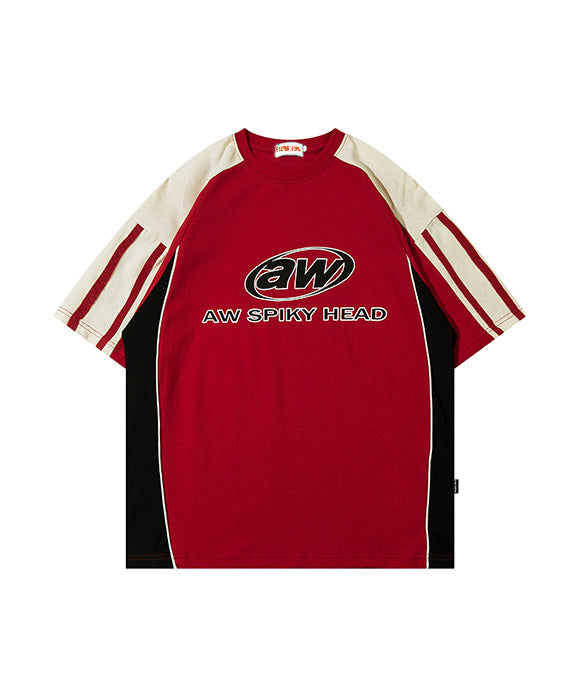 BAKYARDER Color-Block Motorcycle-Inspired Vintage Short Sleeve T-Shirt