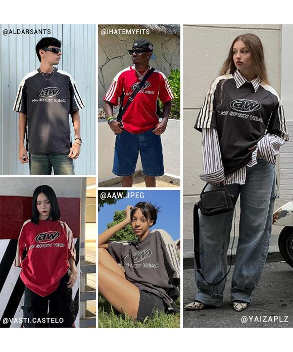 BAKYARDER Color-Block Motorcycle-Inspired Vintage Short Sleeve T-Shirt