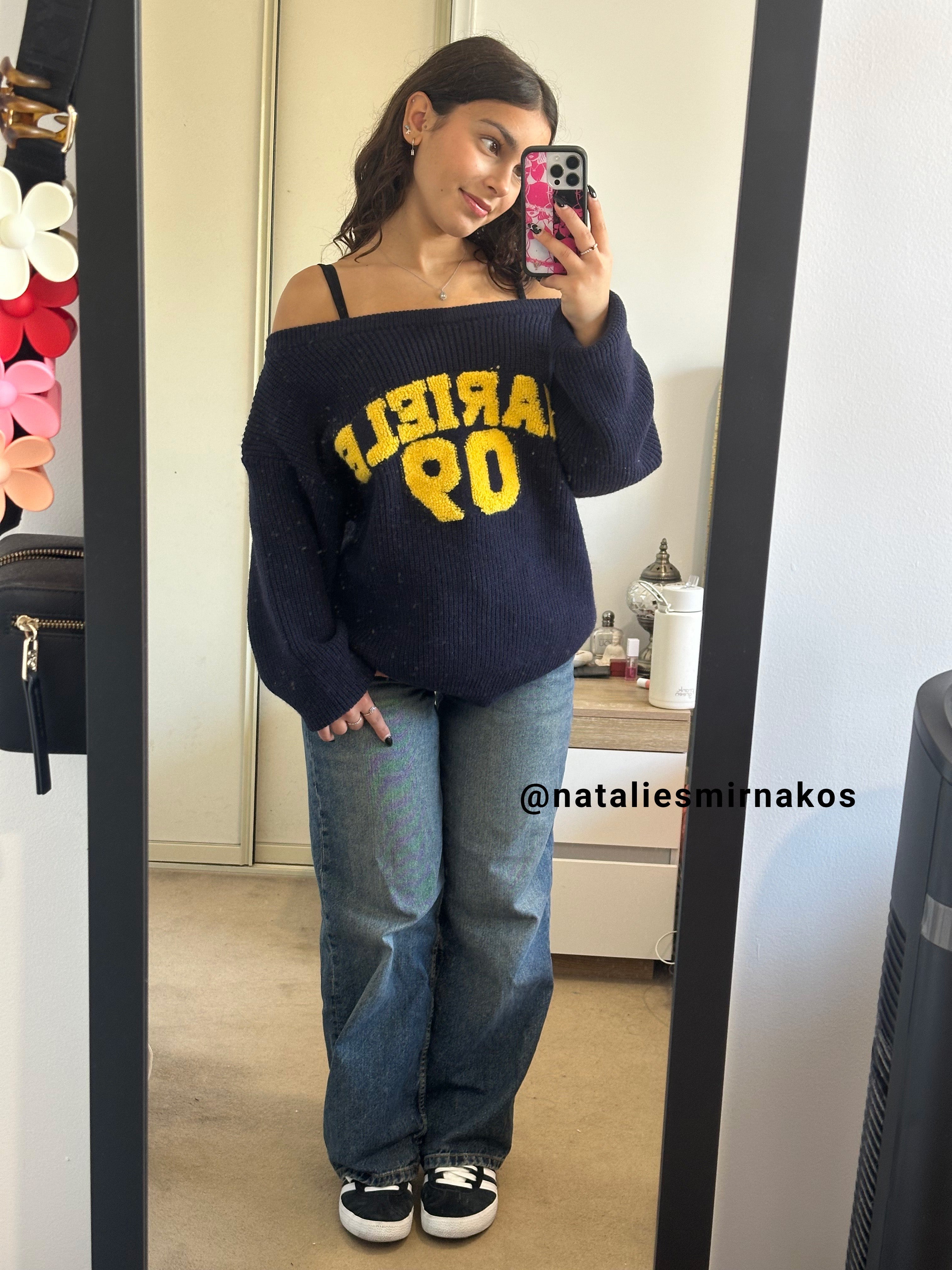 BAKYARDER Women's Vintage Letter Off-Shoulder Loose Knit Sweater