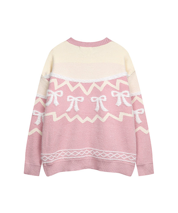 BAKYARDER  Vintage Color-Block Bow Knot Cardigan Sweater