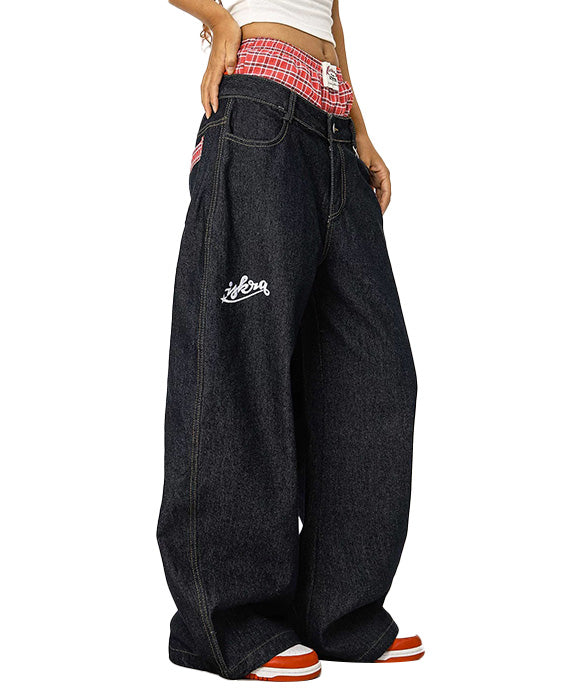 BAKYARDER  Vintage Double Waistband Patchwork Printed Jeans