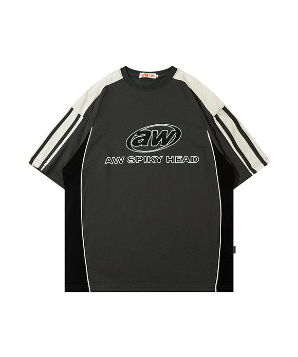 BAKYARDER Color-Block Motorcycle-Inspired Vintage Short Sleeve T-Shirt