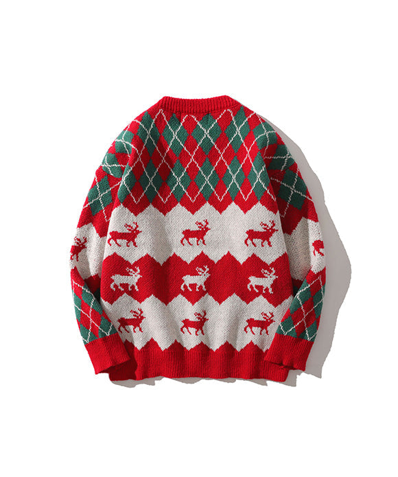 BAKYARDER Christmas Elk Jacquard Crew Neck Pullover Sweater