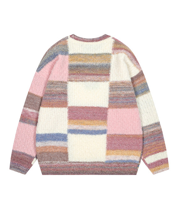 BAKYARDER Vintage Checkered Patchwork Color Block Sweater