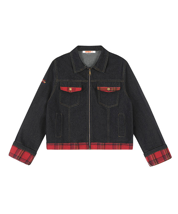 BAKYARDER  Vintage Washed Plaid Patchwork Denim Jacket