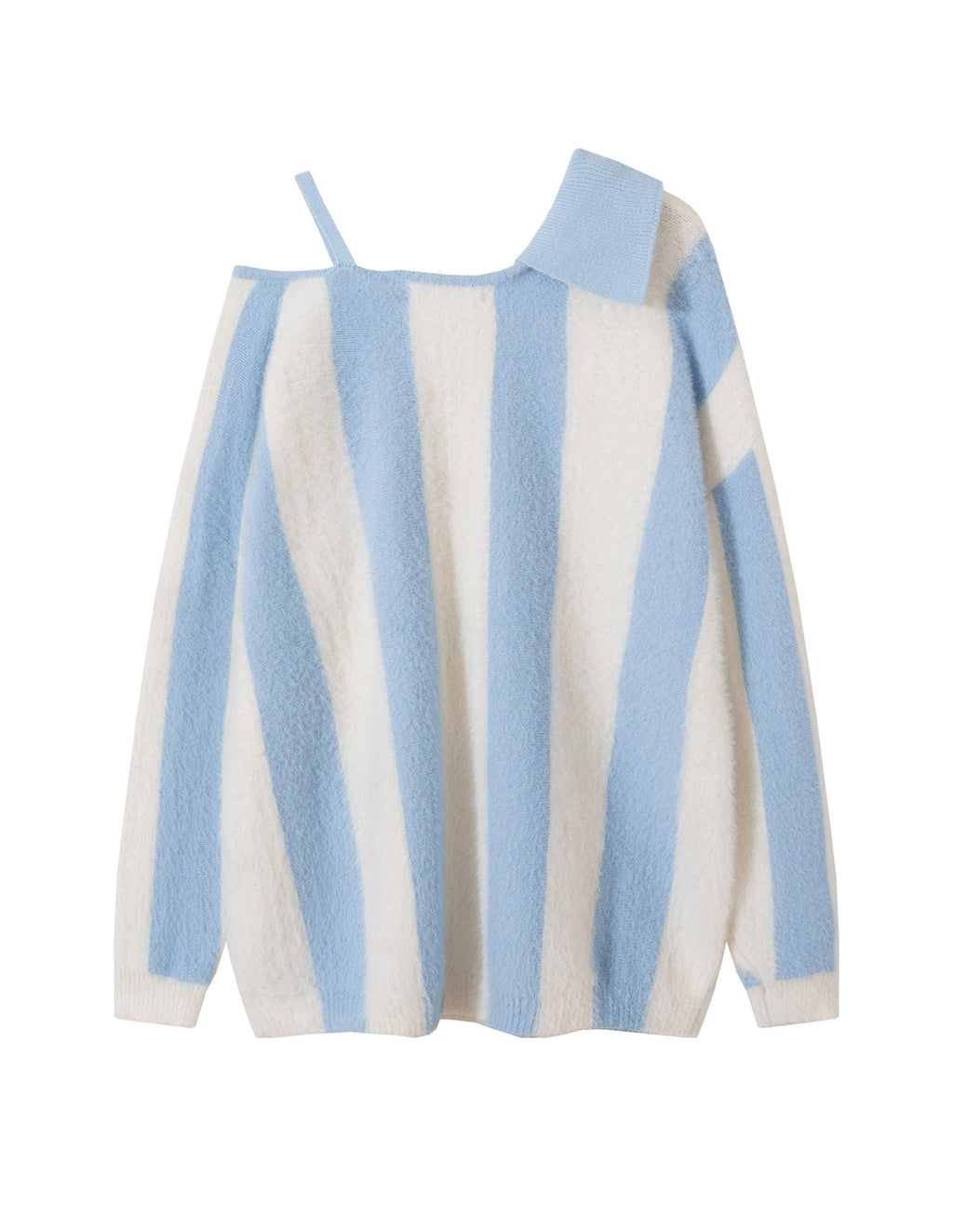 BAKYARDER Women’s Off-Shoulder Stripe Knit Sweater Vintage Polo Jersey Style Loose Fit Fuzzy Pullover