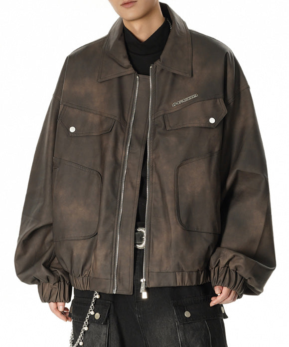 BAKYARDER Vintage Lapel PU Leather Jacket