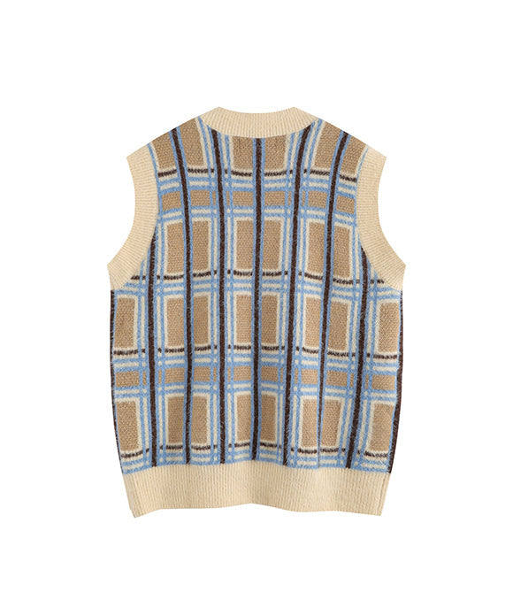 BAKYARDER Preppy Style Color-Block Plaid Sweater Vest