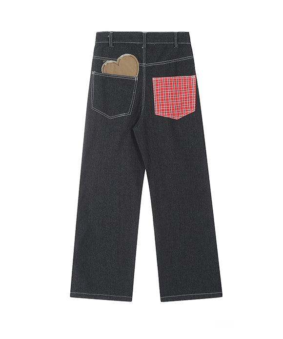BAKYARDER  Vintage Color-Block Heart Print Denim Pants