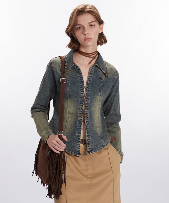 BAKYARDER Women's Vintage Denim Lace-Up Jacket