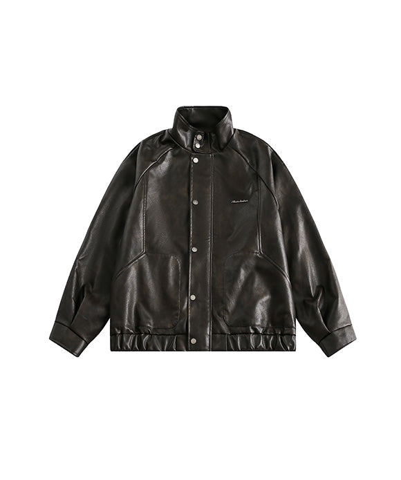 BAKYARDER Vintage Stand-Collar Leather Jacket