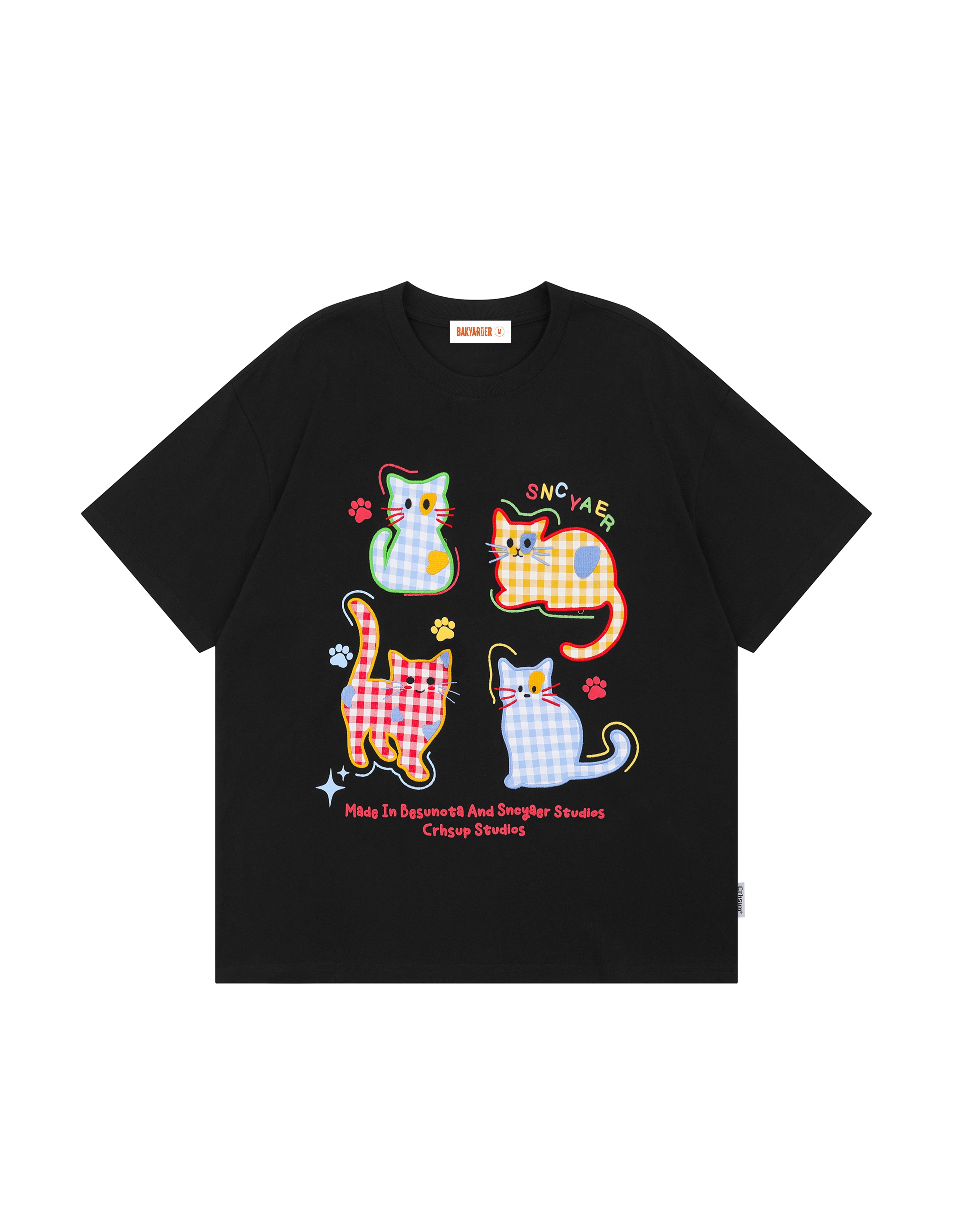 BAKYARDER Cartoon Cat Plaid Patch Embroidery Tee
