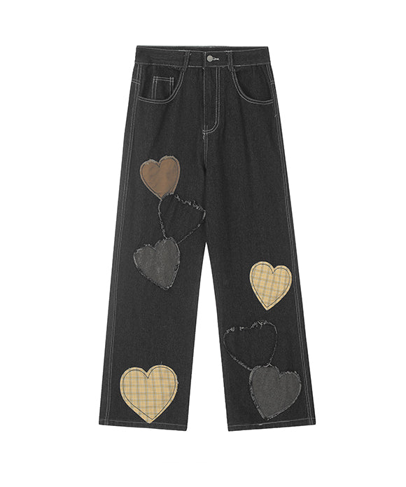 BAKYARDER  Vintage Color-Block Heart Print Denim Pants