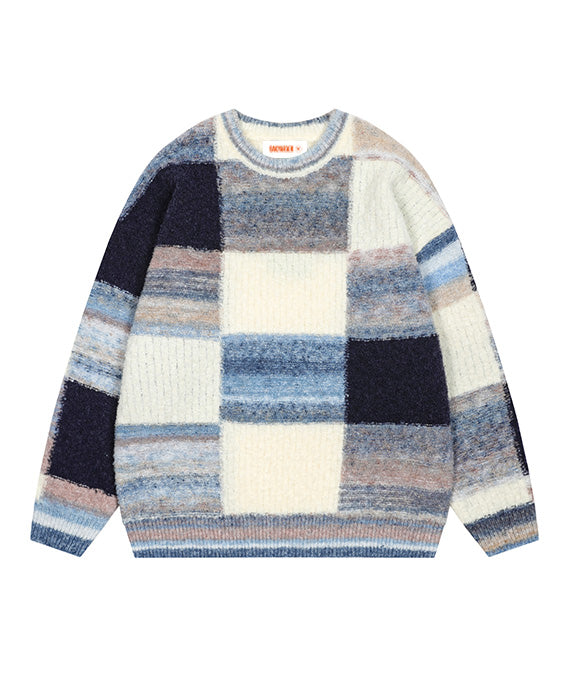 BAKYARDER Vintage Checkered Patchwork Color Block Sweater