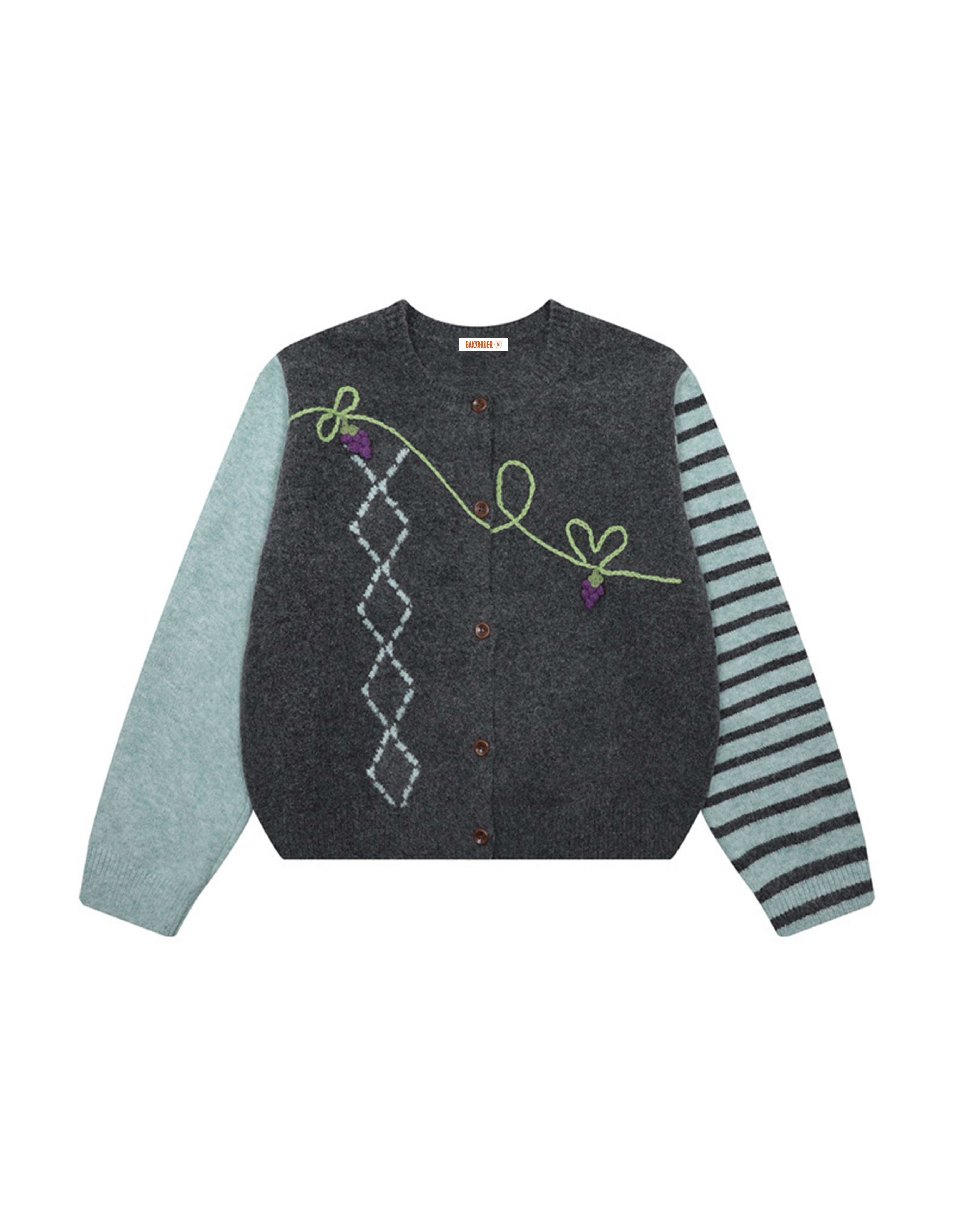 BAKYARDER 3D Grape Embroidered Crewneck Cardigan Sweater