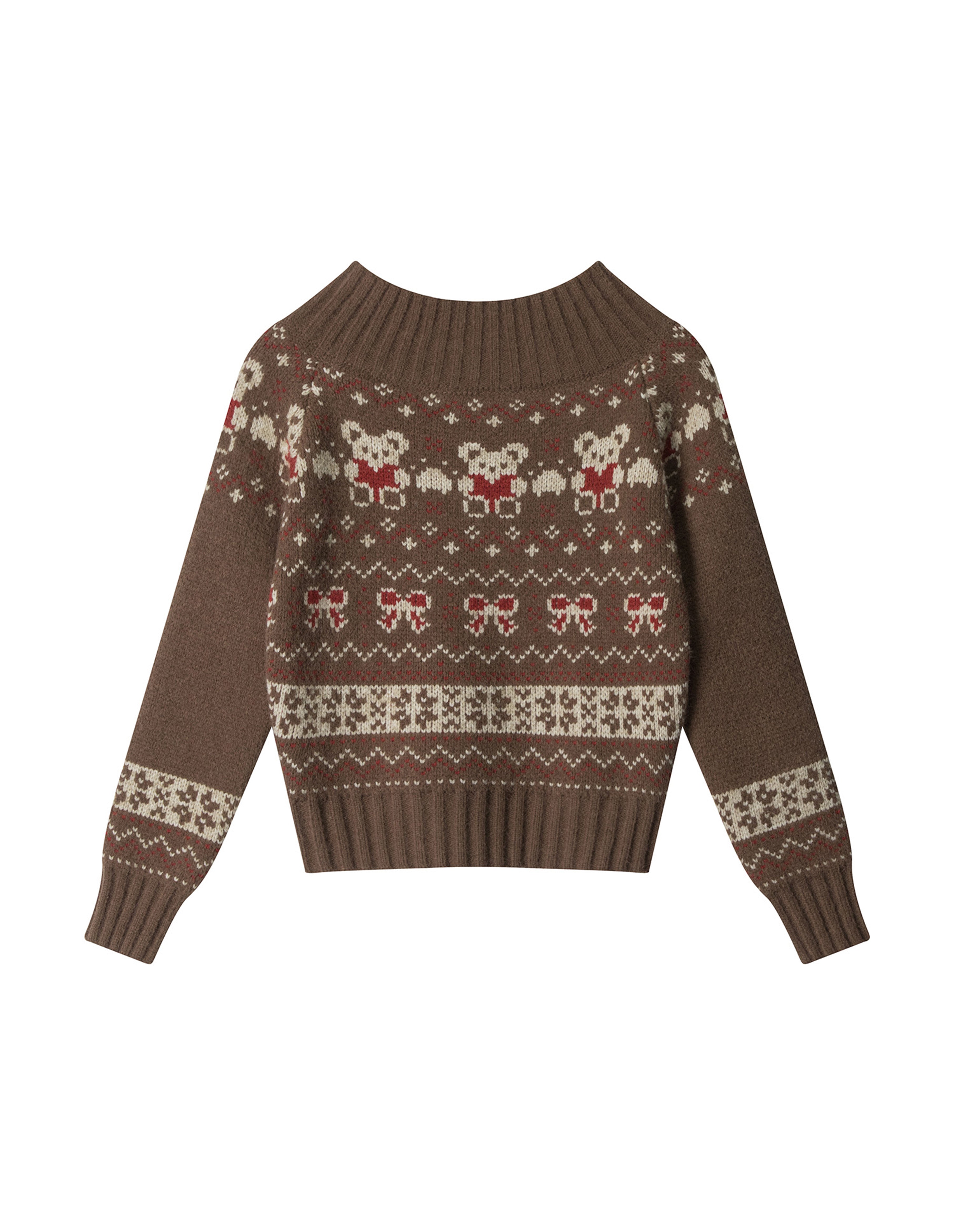 BAKYARDER Women's Vintage Bear Jacquard Off-Shoulder Sweater