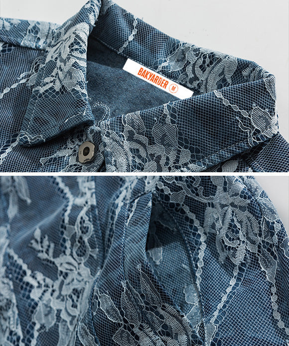 BAKYARDER Vintage Patchwork Lace Floral Denim Jacket