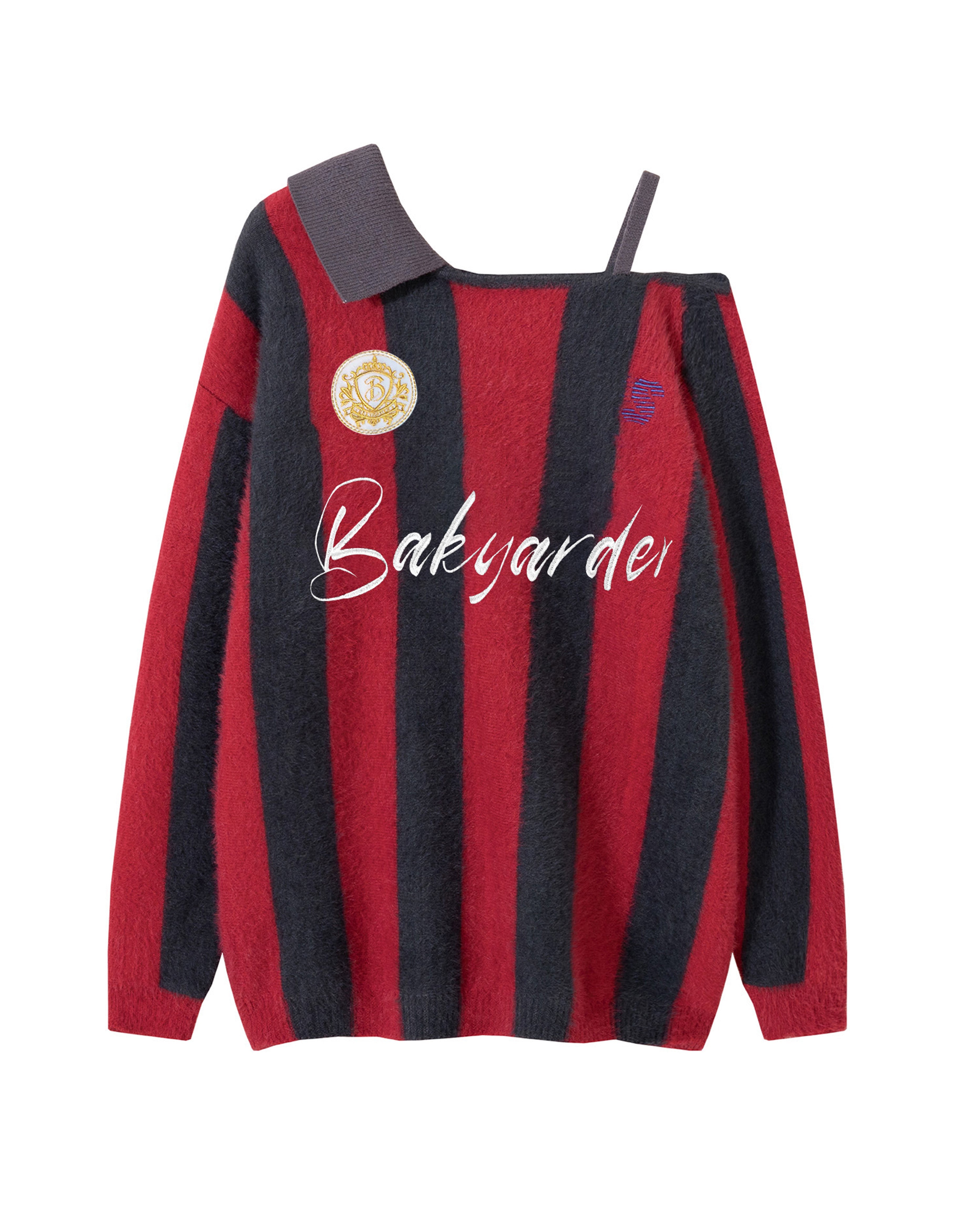 BAKYARDER Women’s Off-Shoulder Stripe Knit Sweater Vintage Polo Jersey Style Loose Fit Fuzzy Pullover