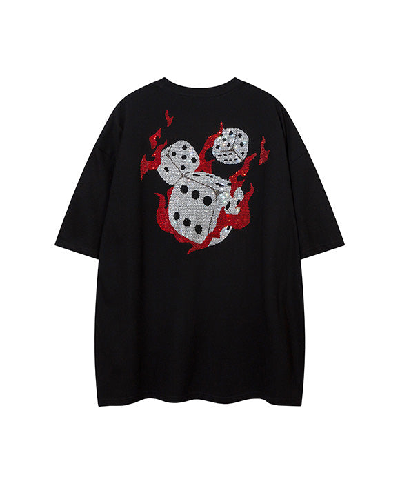 BAKYARDER  Rhinestone Flame Dice Short-Sleeve T-Shirt