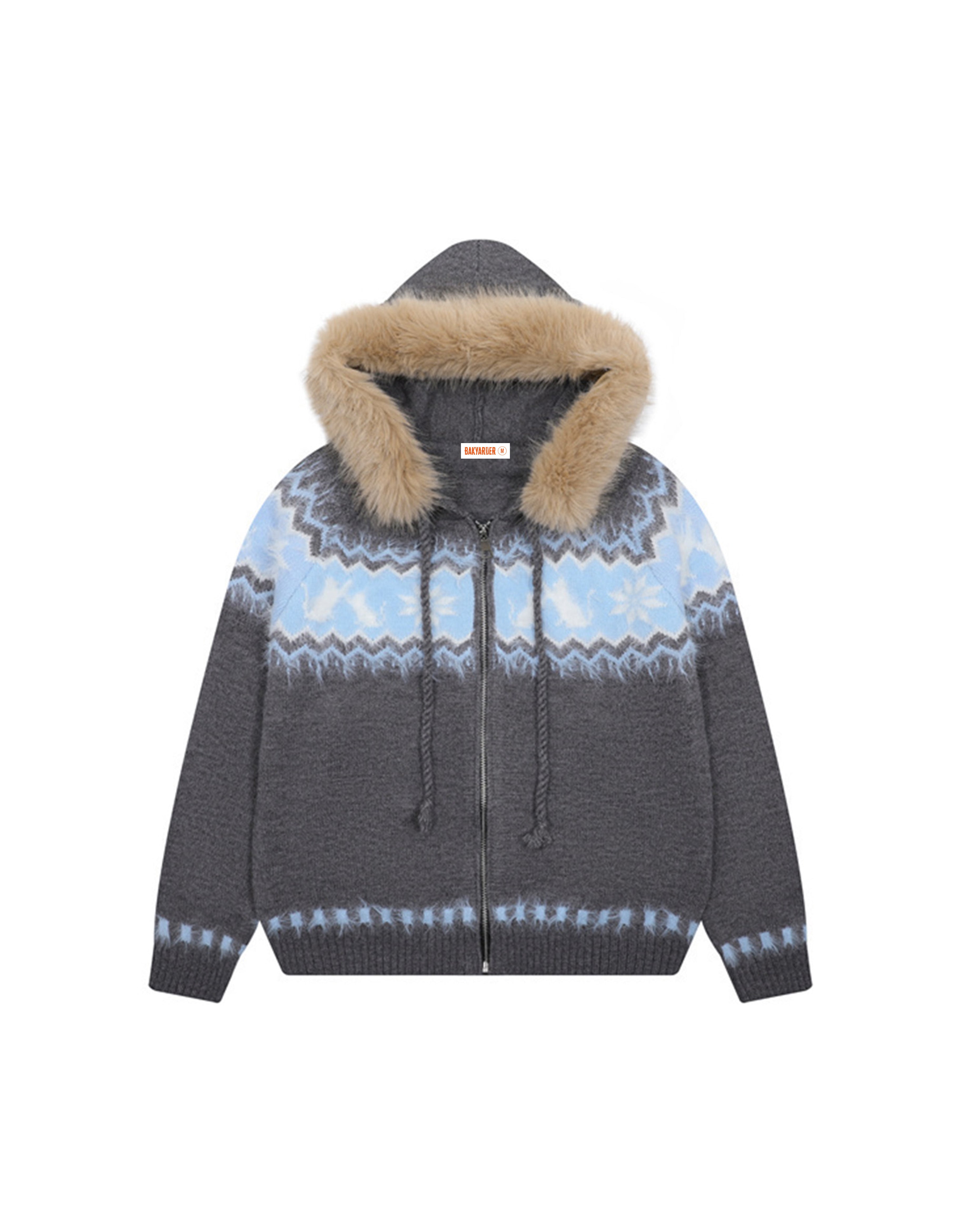 BAKYARDER Vintage Jacquard Faux Fur Collar Zip Cardigan