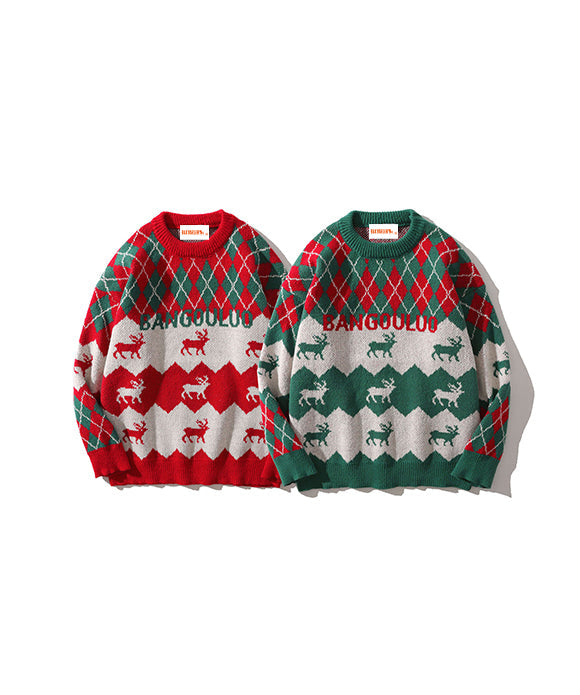 BAKYARDER Christmas Elk Jacquard Crew Neck Pullover Sweater
