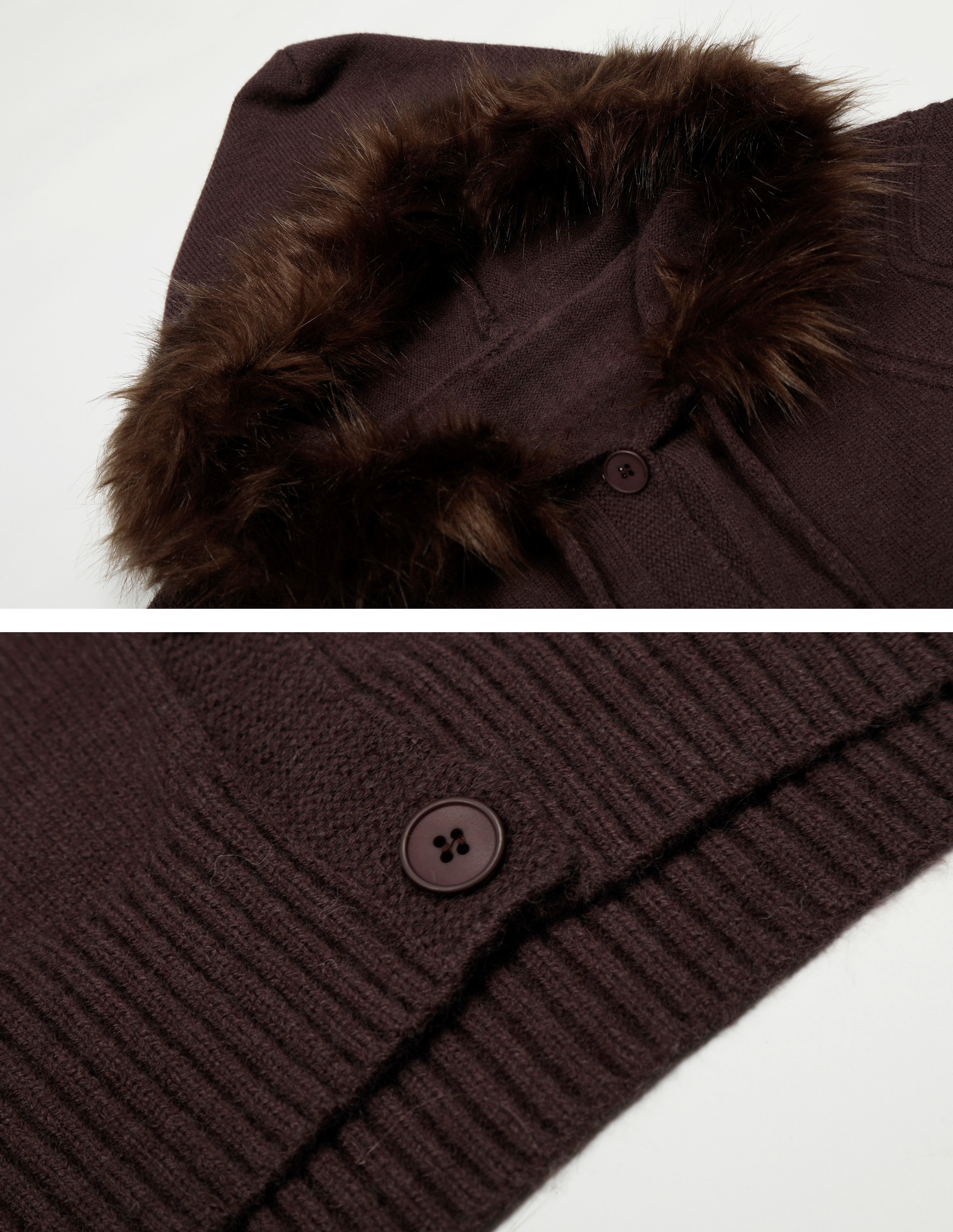 BAKYARDER Vintage Patchwork Fur Collar Hooded Zip-Up Knit Cardigan