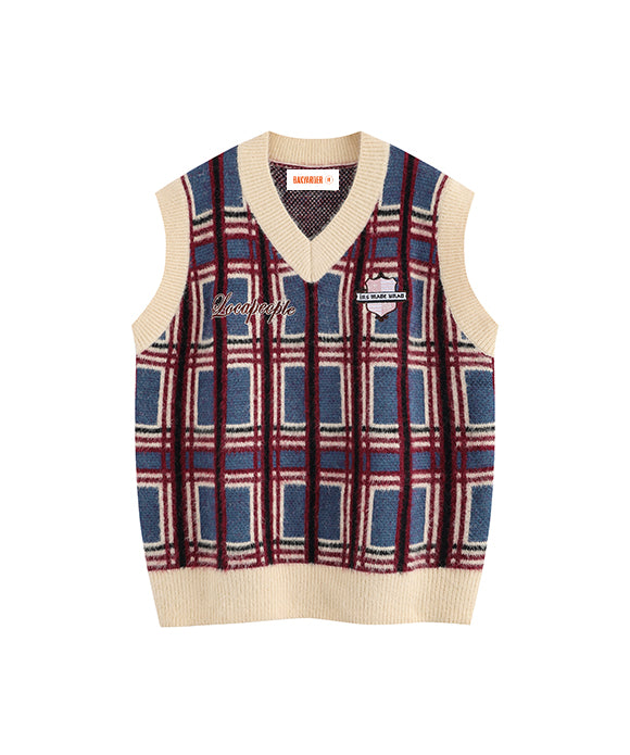 BAKYARDER Preppy Style Color-Block Plaid Sweater Vest