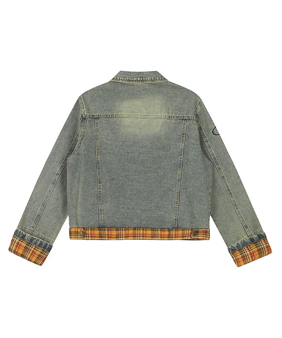 BAKYARDER  Vintage Washed Plaid Patchwork Denim Jacket