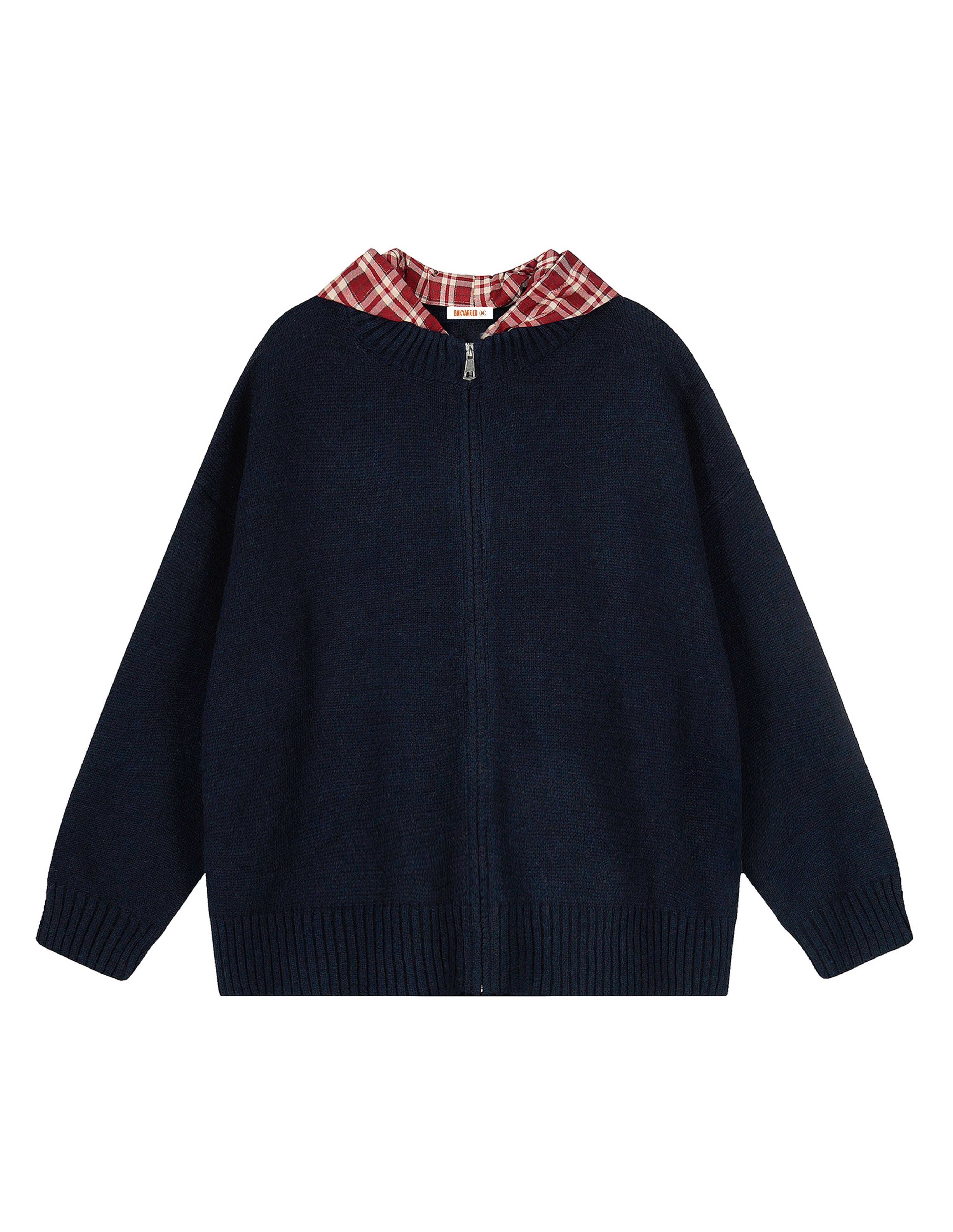 BAKYARDER Vintage Patchwork Plaid Hooded Zip-Up Cardigan Sweater