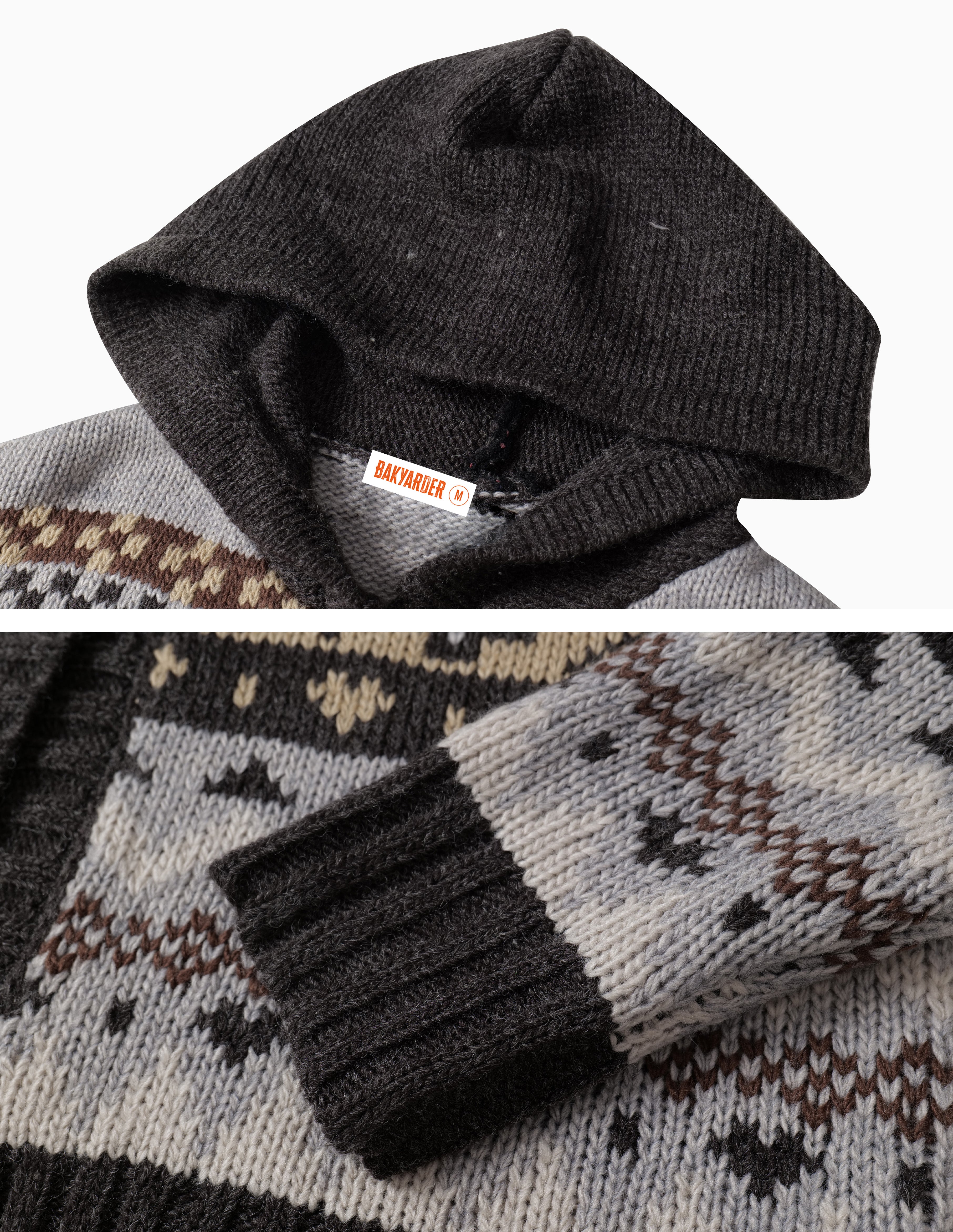 BAKYARDER Vintage Jacquard Hooded Cardigan with Toggle Buttons