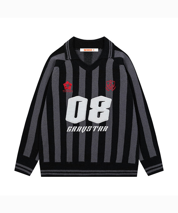 BAKYARDER  Vintage Collegiate Style Collared Numeric Jacquard Sweater