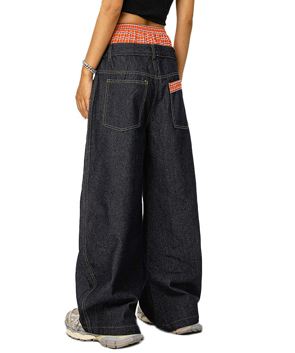 BAKYARDER  Vintage Double Waistband Patchwork Printed Jeans