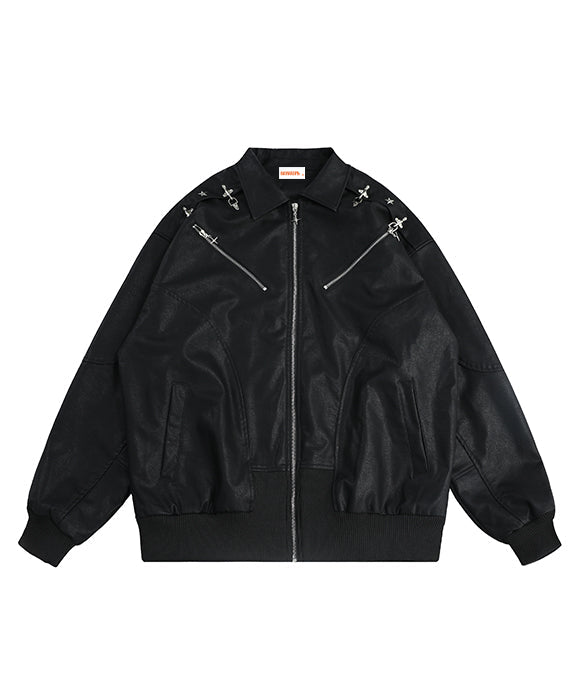 BAKYARDER Vintage Zipped Faux Leather Motorcycle Jacket
