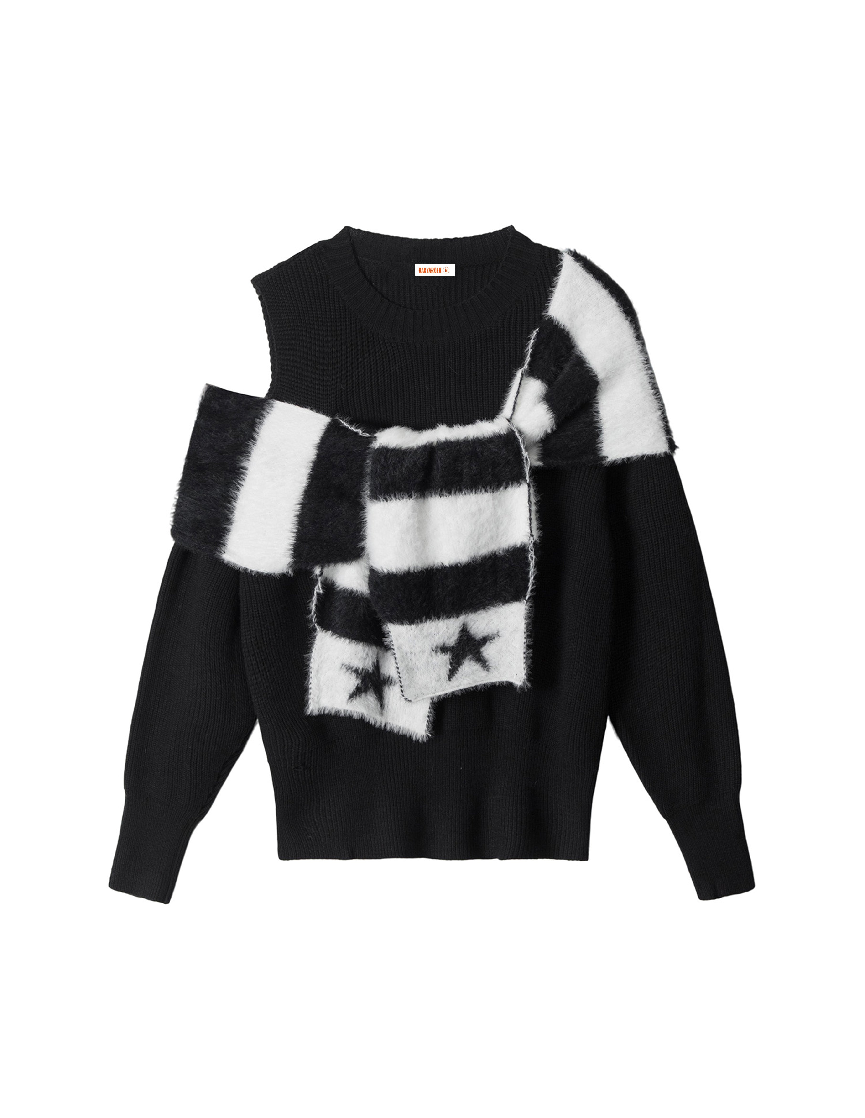 BAKYARDER Christmas Striped Star Scarf Off-Shoulder Sweater