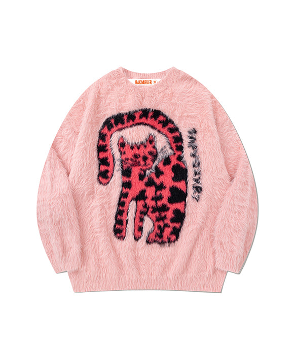 BAKYARDER Retro Fun Cat Fuzzy Sweater