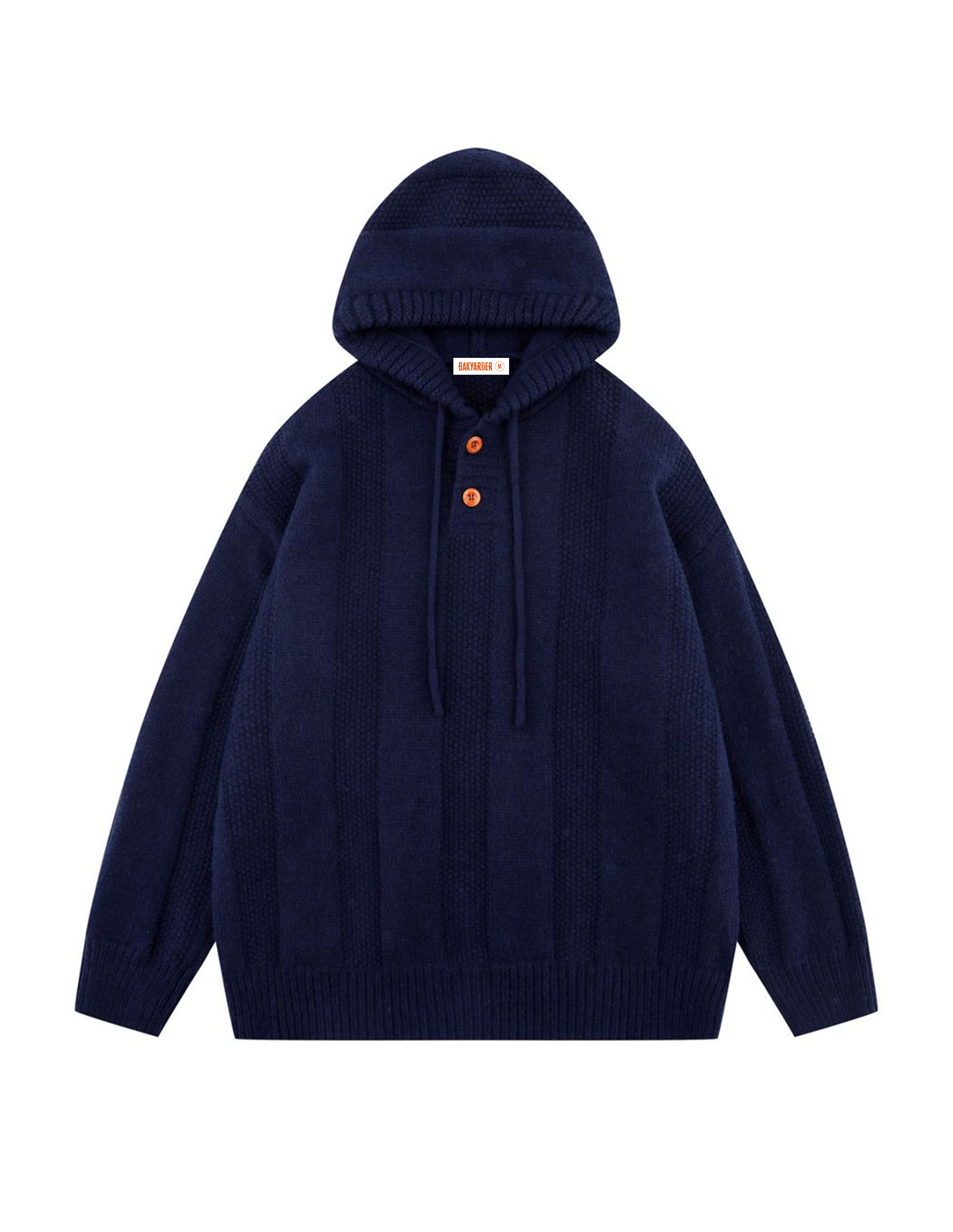 BAKYARDER Waffle Knit Hoodies Heavy Pullover Hooded Unisex Button Oversized Sweaters