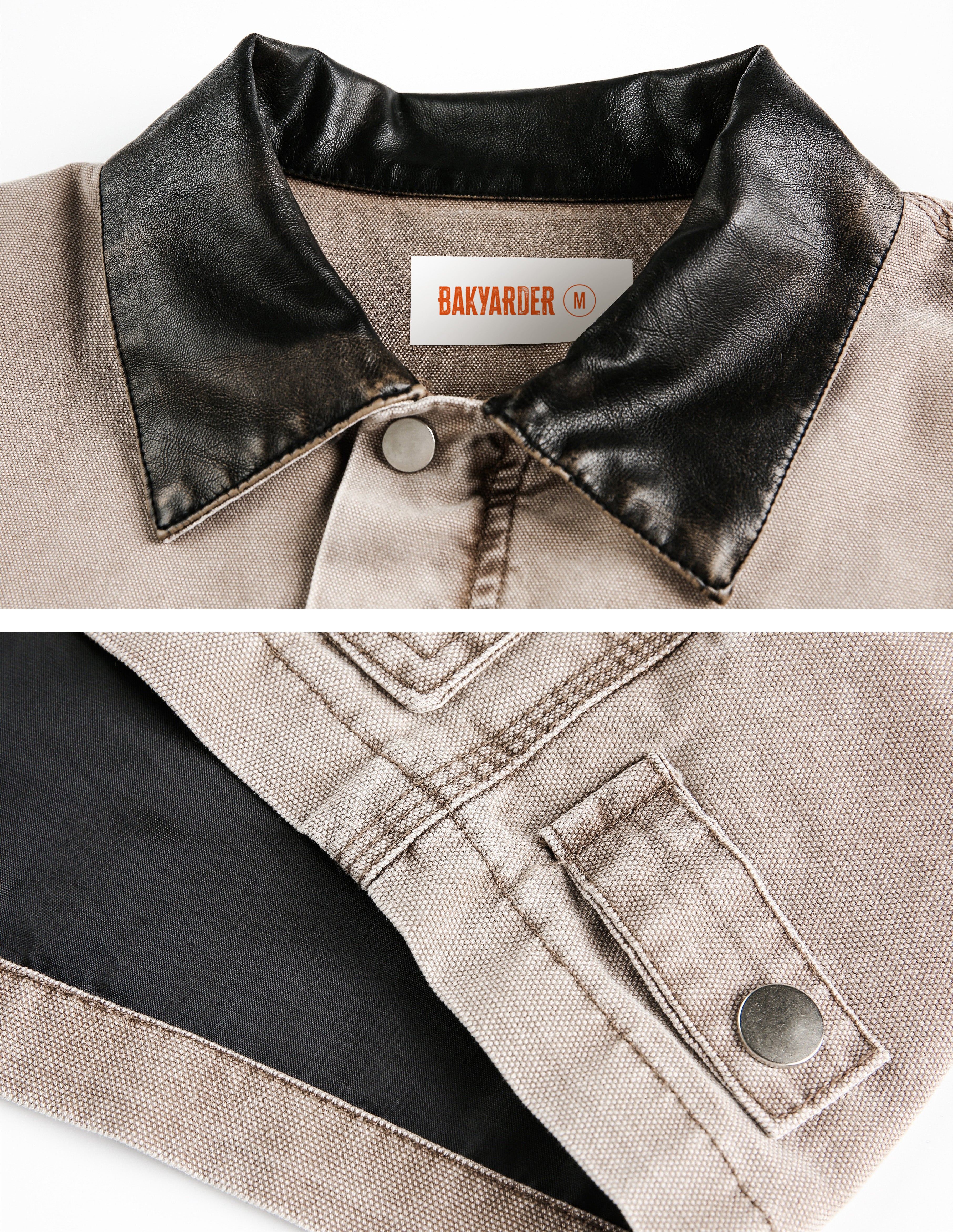 BAKYARDER Vintage Washed PU Leather Jacket with Turn-Down Collar