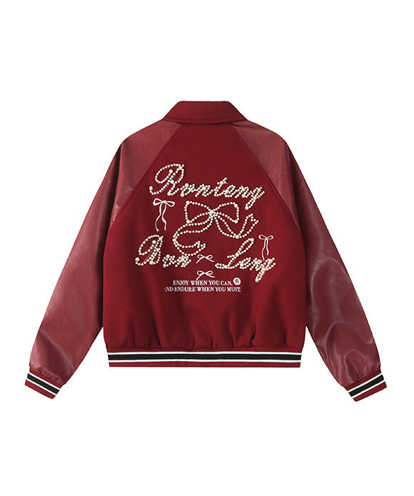 BAKYARDER Vintage Women’s Pearl Letter PU Leather Jacket