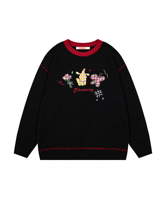 BAKYARDER Vintage College Style Cartoon Embroidered Sweater.