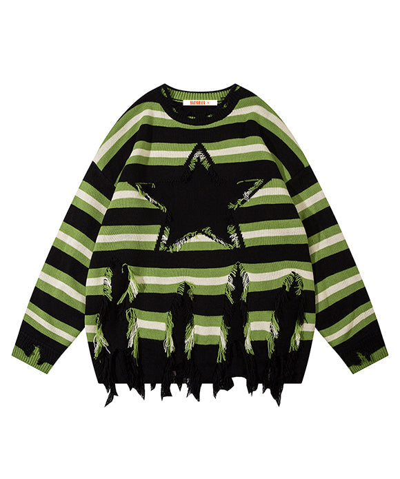 BAKYARDER Vintage Color Block Patchwork Stripe Star Sweater