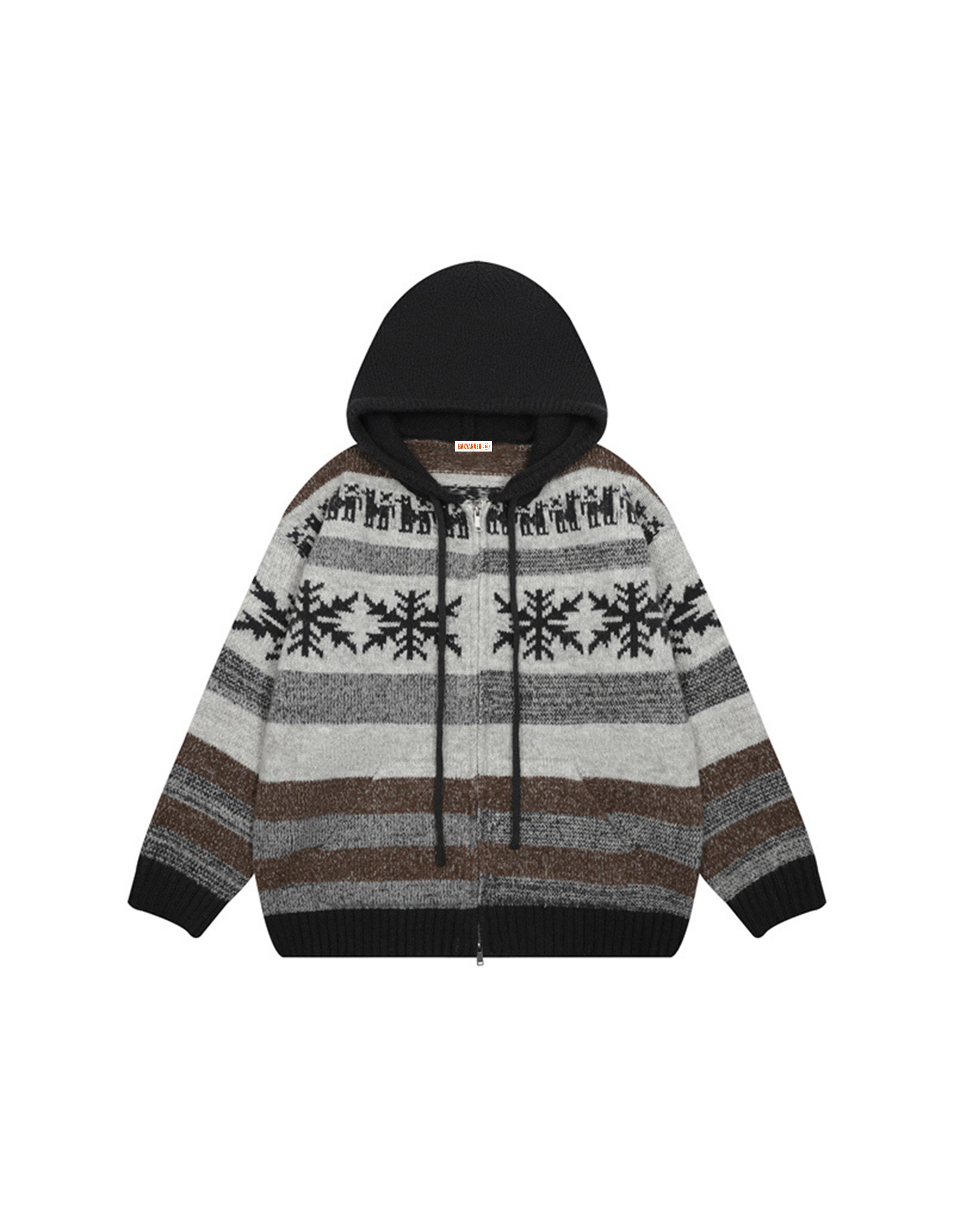 BAKYARDER Vintage Snowflake Jacquard Hooded Cardigan Sweater
