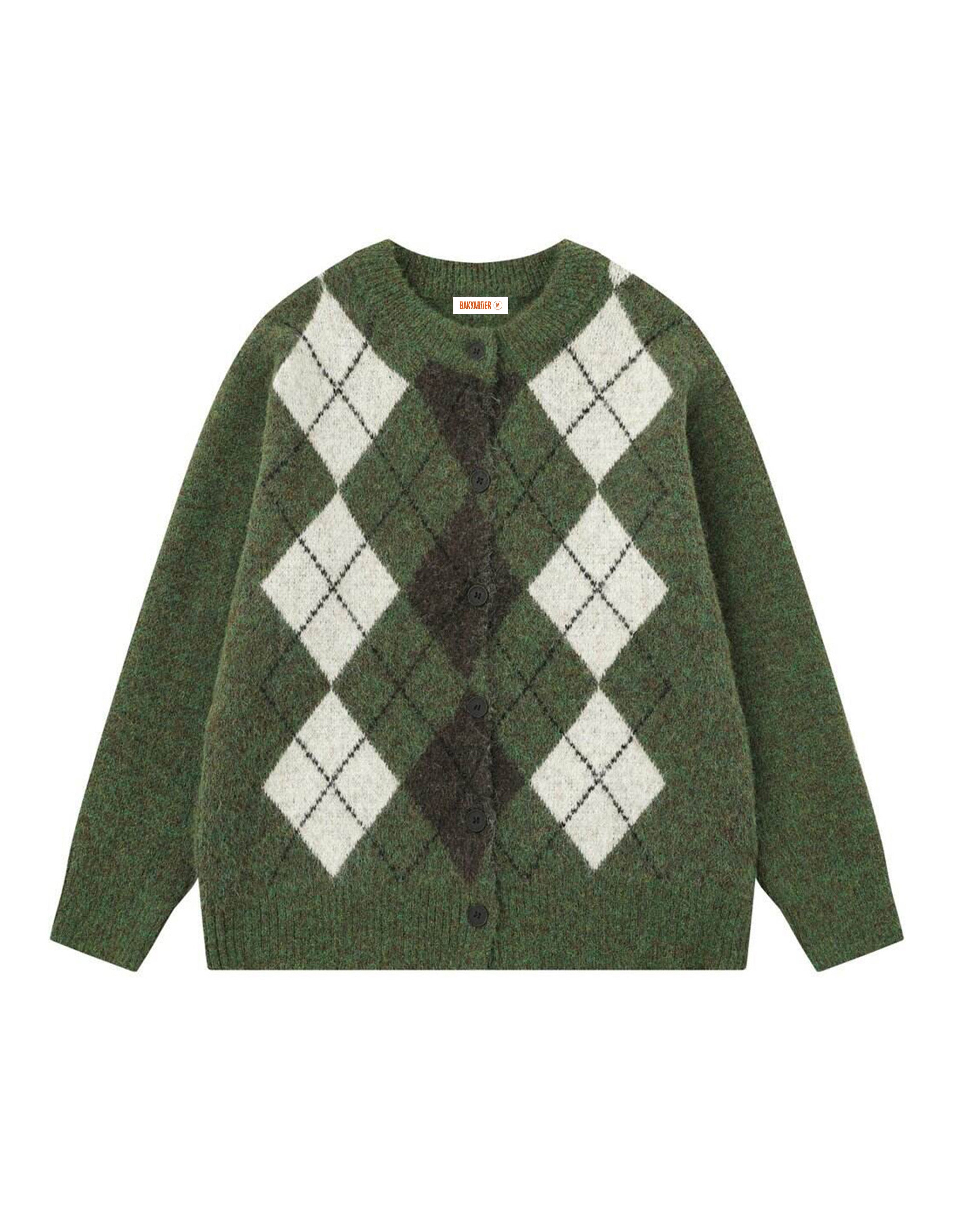 BAKYARDER Vintage Preppy Style Color-Block Argyle Knit Cardigan