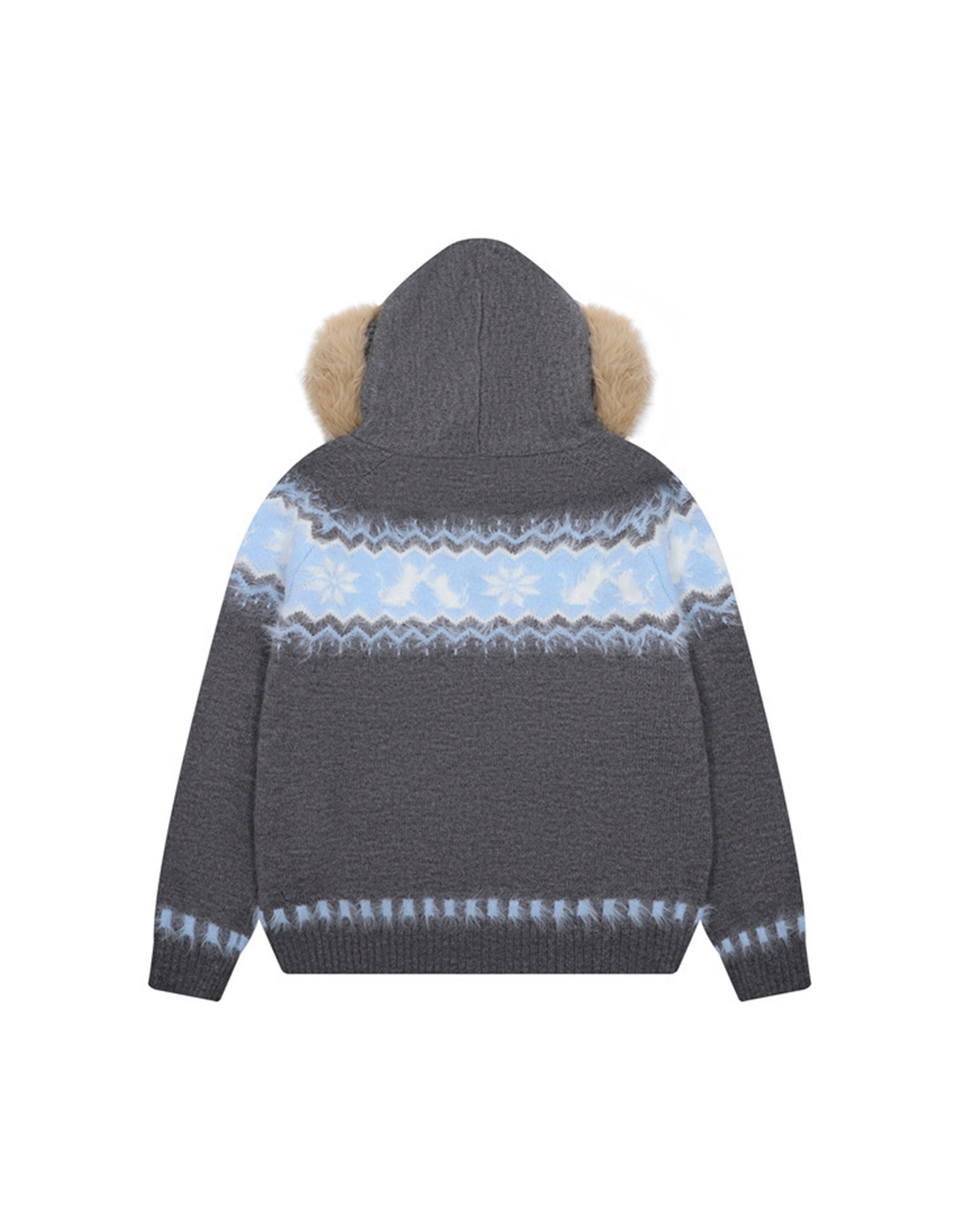 BAKYARDER Vintage Jacquard Faux Fur Collar Zip Cardigan