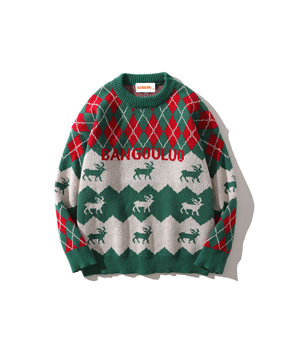 BAKYARDER Christmas Elk Jacquard Crew Neck Pullover Sweater