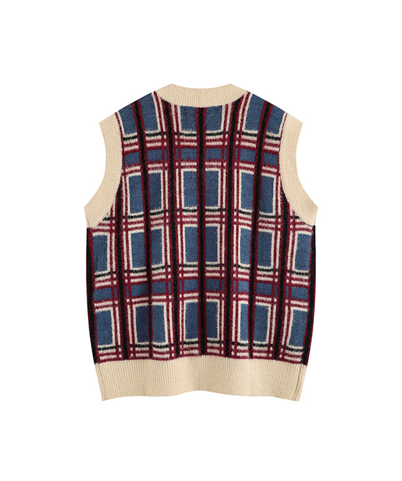 BAKYARDER Preppy Style Color-Block Plaid Sweater Vest