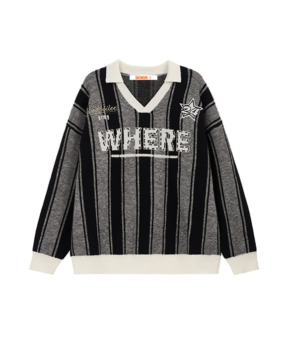 BAKYARDER Vintage Letter Striped Sweater